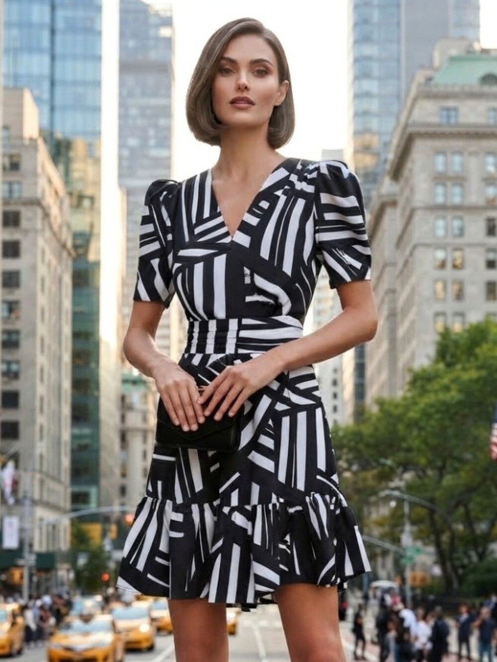 Karl Lagerfeld Black & White Geometric Print Puff Sleeve Mini Dress Size 8 NWT